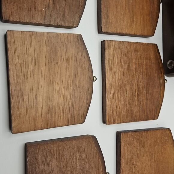 Vintage Mid-Century Modern Wooden Coaster Set of 8 with Holder Bronze Handle - Picture 11 of 16